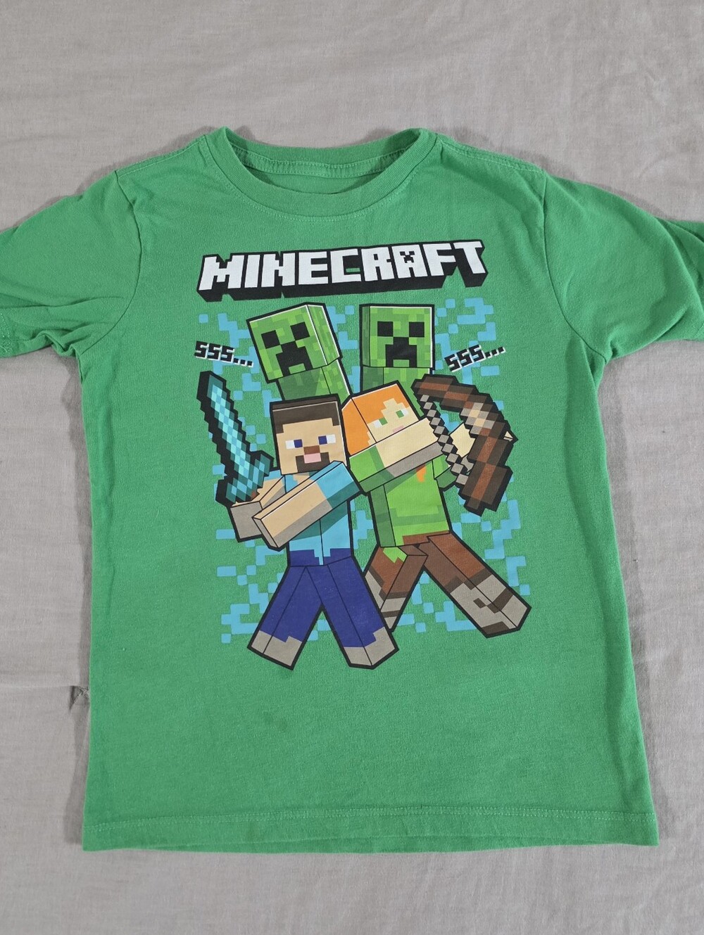 Minecraft Boys Shirt Sleeve T-Shirt Green Steve Alex Creeper Graphic Tee Size S